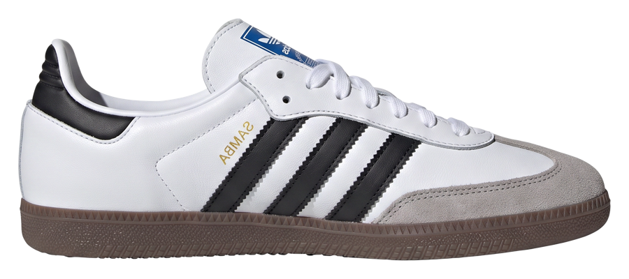 Samba OG in white leather with black stripes, grey suede toe and a dark gum sole, side view